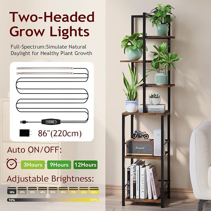 Plant Stand Indoor with Grow Light, 6-Tiered Tall Plant Stand Indoor, Metal Plant Shelf with Bookshelf Bookcase and Adjustable Light, Ideal for Living Room, Reading room, Garden, Patio (Brown)