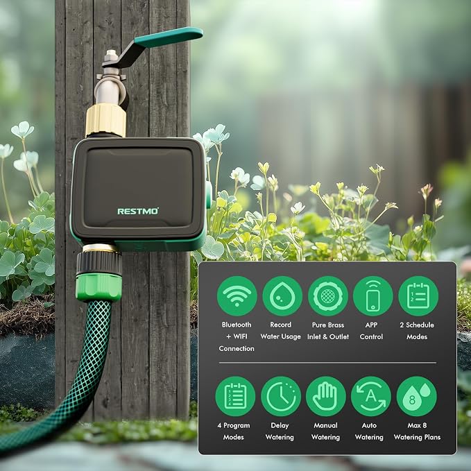 RESTMO WiFi Smart Sprinkler Timer with APP Remote Control for Garden Hose | 1-Zone, Built-in flow meter, 2.4GHz WiFi connection, automatic drip irrigation for lawn & outdoor yard