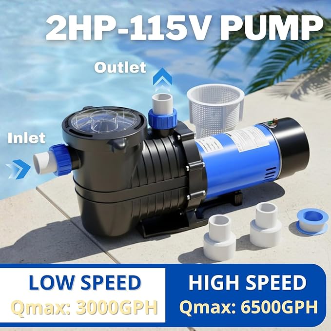 FOTING In/Above Ground Pool Pump, Self Primming Pool Pump High Flow 1.5" & 2" NPT Inlet Connectors, Dark Blue