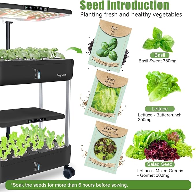 Large Hydroponics Growing System Kit,44-Pod with 3 Seed Packs | Includes Basil, Buttercrunch Lettuce & Gourmet Salad Mix seeds; 2-Tier, independent tanks and full-spectrum lights.