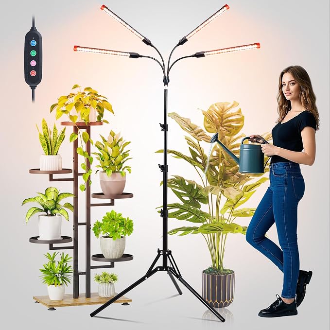FECiDA Gamechanger! 36 Watt Power Draw, NO Need Adapter, 4Head Grow Light with Tripod Stand, 2026 Big Coverage LED Grow Lights for Indoor Tall Plants, Bonsai Tree, 4/8/12/16/20H Timer