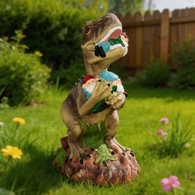 Dinosaur Statue with Gnomes, 16“ Large Outdoor Garden Statues Yard Decor, Funny Dinosaur Holding Gnomes Figurines for Patio Lawn, Weatherproof Gnome Decorations for Home, Unique