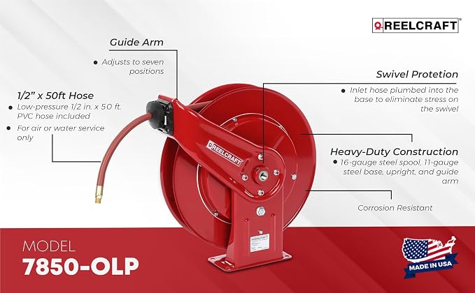 Reelcraft 7850 OLP 1/2-Inch by 50-Feet Spring Driven Hose Reel for Air/Water