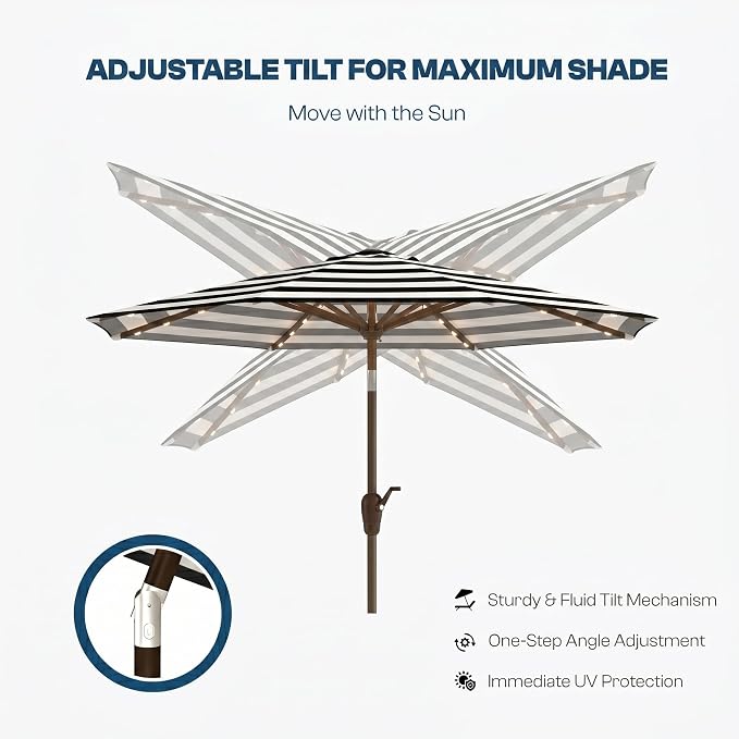 10FT Solar Patio Umbrella with Lights, Outdoor Table Market Umbrella with 32 LED Lights, 8 Sturdy Ribs, Push Button Tilt and Crank for Pool, Deck and Garden, UV-Resistant