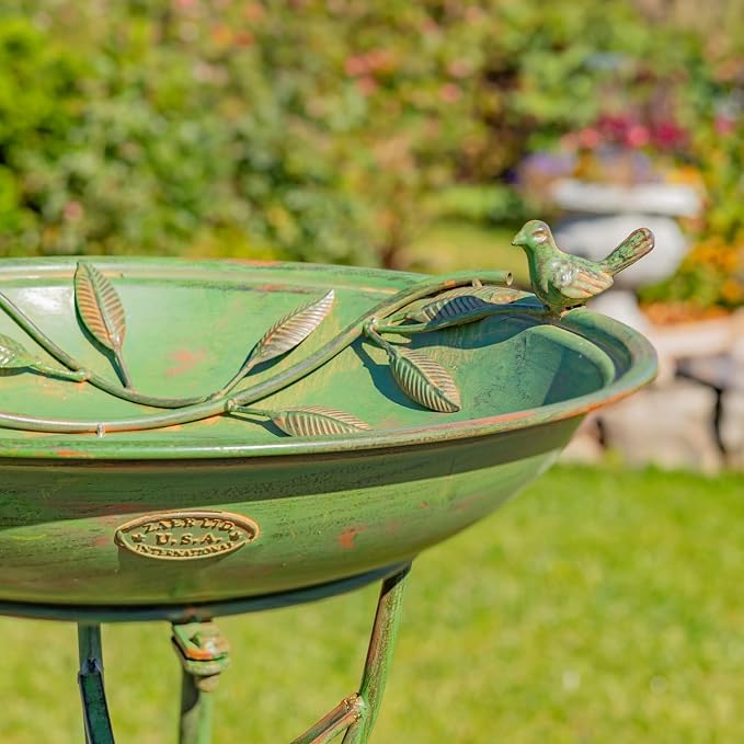Zaer Ltd. Deep Well Made Metal Birdbath with 2 Cast Iron Birds and Leaf Decoration (Verdi Green)