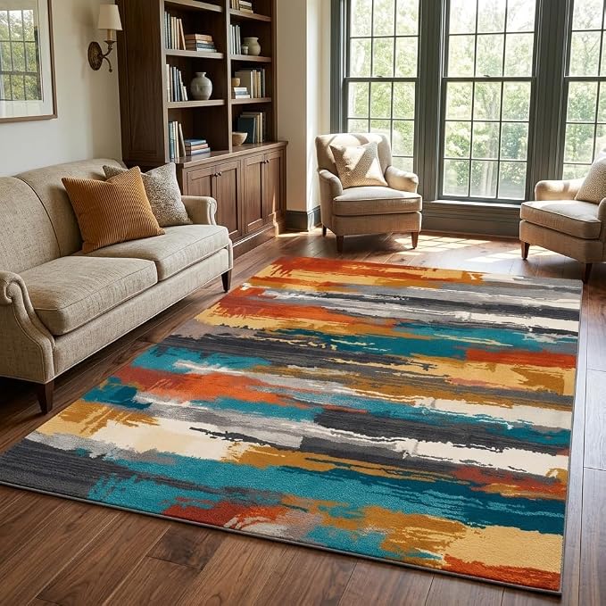 5x7 Burnt Orange and Teal Blue Modern Brush Stroke Lines Area Rug | Soft faux cashmere low-pile, machine washable non-slip foldable rug for living rooms, bedrooms and dining rooms.