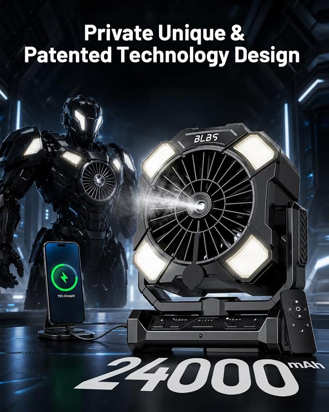 BLBS Misting Fan, Portable Camping Fan with 11oz Water Tank, 160Min Misting, 24000mAh Battery Powered Fans with 4 Speeds, 4 Timers, Light & Hook, Must-Have for Camping, Fishing, Beach & Hiking