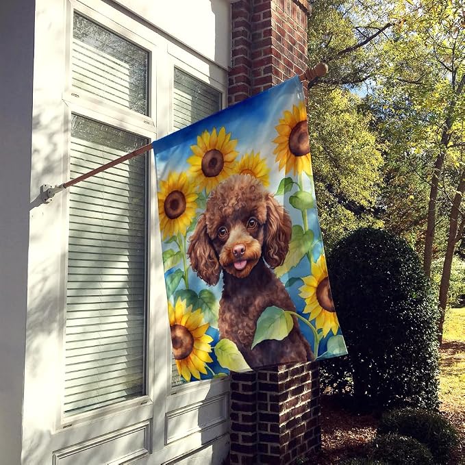 Caroline's Treasures DAC6139CHF Chocolate Poodle in Sunflowers House Flag Large Porch Sleeve Pole Decorative Outside Yard Banner Artwork Wall Hanging, Polyester, House Size, Multicolor