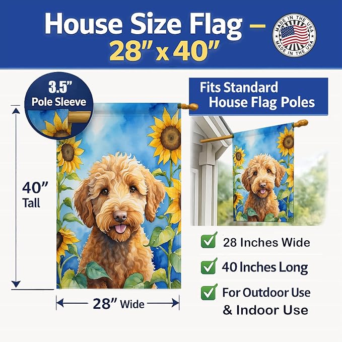 Caroline's Treasures DAC6113CHF Labradoodle in Sunflowers House Flag Large Porch Sleeve Pole Decorative Outside Yard Banner Artwork Wall Hanging, Polyester, House Size, Multicolor
