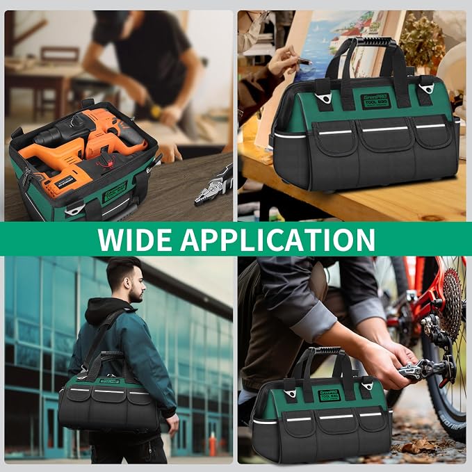 GrenPRO Heavy Duty Tool Bag for Men, 16 Inch Wide Mouth Tool Bags Organizer, Soft Handle Toolbox Storage, Large Zipper Electrician Tool Bag