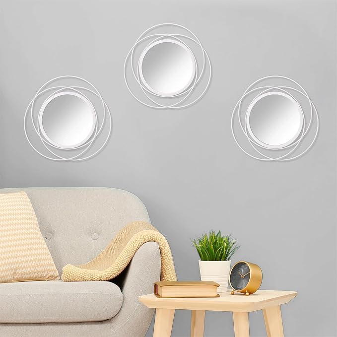 3 Set 12'' White Circle Mirrors Wall Decorative Wire Metal Mirror Art Small Round Mirror Home Decor Hanging Mirror for Room/Bedroom/Bathroom/Entryway