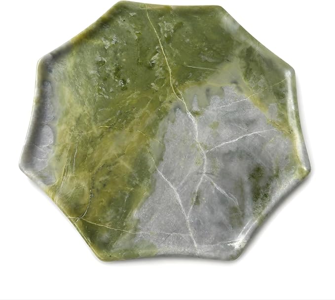Real Natural Marble Octagon Tray 10.2in Solid Stone Decorative Plate | Luxury Green Marble Decor Tray for Candle, Jewelry, Plant. Food-Safe Solid Stone Serving Dish with Unique Veining