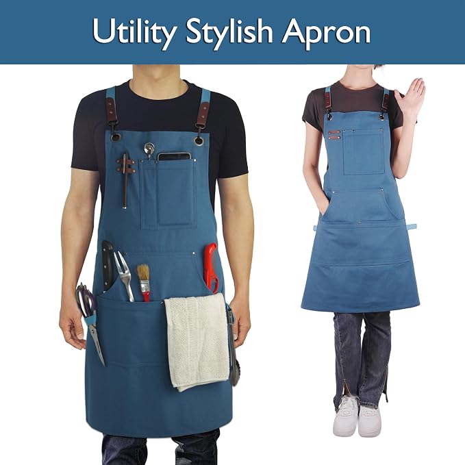 Kitchen Apron, Work Apron, Canvas, Multiple Pockets, Gardening, Painting, BBQ, Artist, Carpenter, Sizes M to XXL, Blue | Multiple Pockets, Gardening, Painting, BBQ, Carpenter, Sizes M to XXL