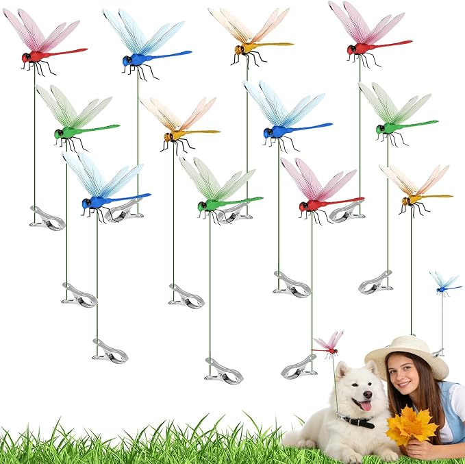 12 Pcs Dragonfly Clips, Colorful Dragonfly Clip,Realistic Fake Dragonflies Clip-On Waterproof PVC Garden Outdoor Decor Stakes Plastic Dragon Fly Clips Plant Decorations for Garden