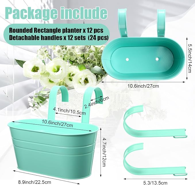 12 Pack Hanging Flower Pot Colorful Metal Iron Bucket Fence Hanging Planters with Detachable Hook Bucket Flower Holder for Railing Balcony Garden Yard Spring Decor (10.6X 5.5 x 4.7 in,Round)