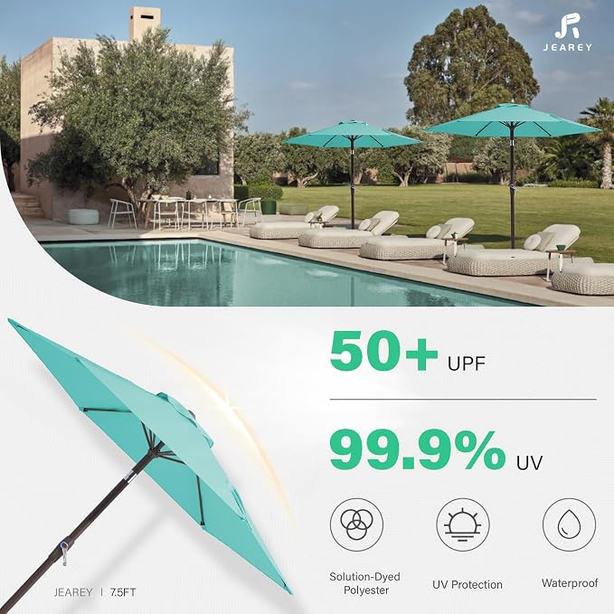JEAREY 7.5FT Patio Umbrella Market Table Umbrella with 6 Sturdy Ribs, Push Button Tilt/Crank Outdoor Umbrella for Garden, Deck, Backyard, Pool, Peacock Blue