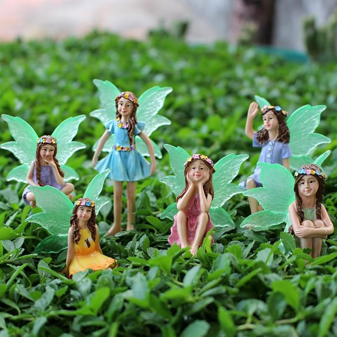 6PCS Fairy Garden Decor Fairies, Glow in The Dark Yard Sculpture Lawn Ornament Mini Garden Art Outdoor Decor Accessories (6 Fairies)