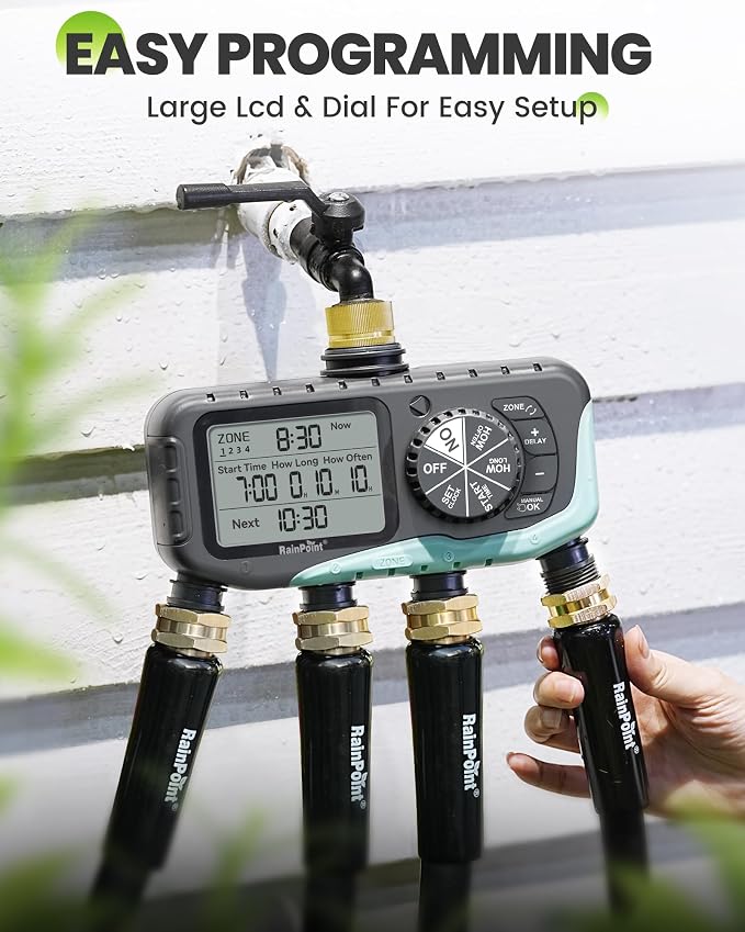 RAINPOINT Sprinkler Timer, 4 Outlets Hose Timer with Brass Inlet with Rain Delay/Manual/Automatic Controller System, Programmable Digital for Lawn Yard, 4 Zone (Sky Blue, 4 Outlets)