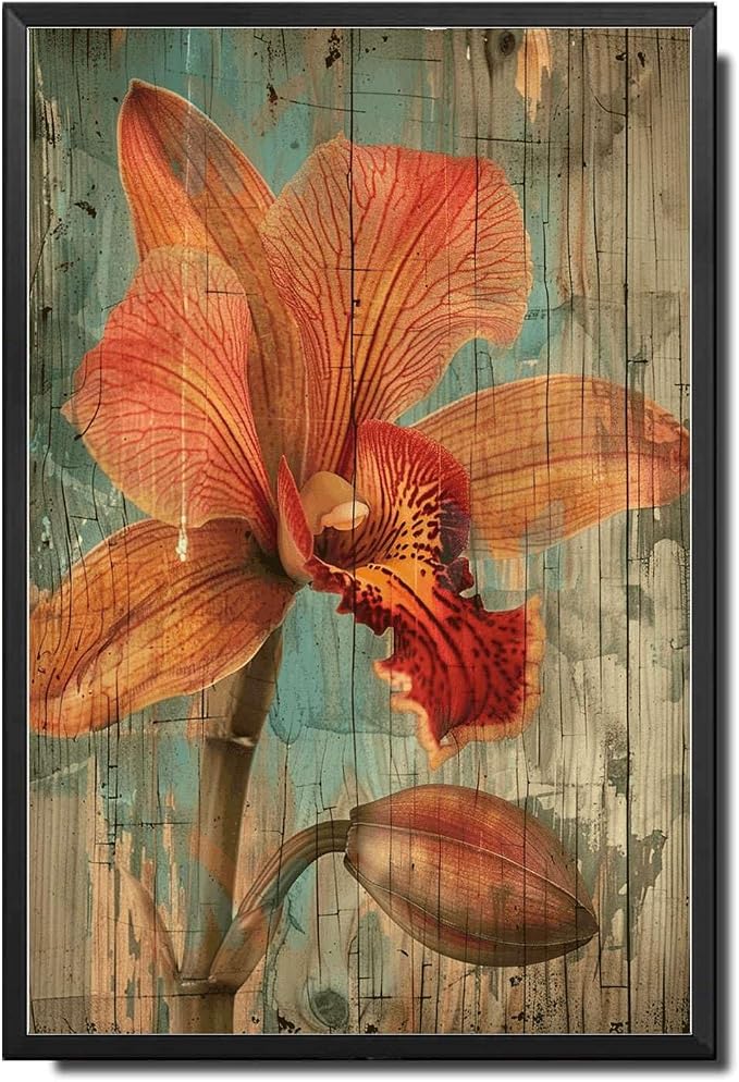Metal Sign Tin Sign Vintage Shabby Chic Orchid Tin Sign for Exotic Flora Art Vintage Wall Displays and Distressed Wood Panels Boho Decorations for Home for Pub 6×8 Inches with Metal Frame