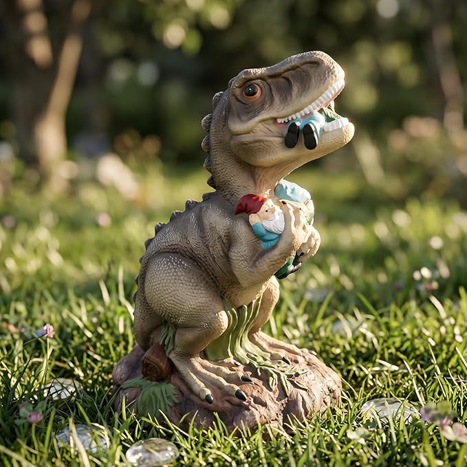 Dinosaur Statue with Gnomes, 16“ Large Outdoor Garden Statues Yard Decor, Funny Dinosaur Holding Gnomes Figurines for Patio Lawn, Weatherproof Gnome Decorations for Home, Unique
