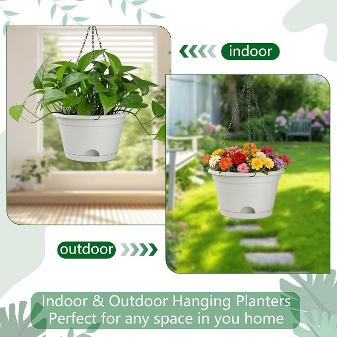 Nooulap 4 Pack Hanging Planters, 10 Inch Hanging Plant Pot with Hanger Chain & Drainage Trays, Hanging Baskets for Plants Outdoor Indoor, Flowers Pots for Home, Garden, Porch Decor (Grey)
