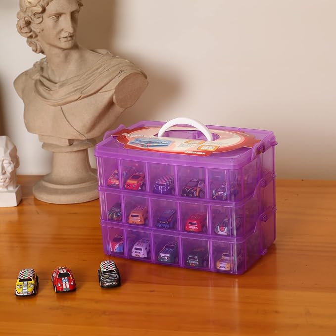 Sooyee 3-Tier Bead Organizer, Stackable Craft Storage Containers with 30 Adjustable Compartments for Washi Tape, Toy, Hair Accessories, Art Supplies, Fishing Tackle, Purple, 10"L x 6.7"W x 7"H