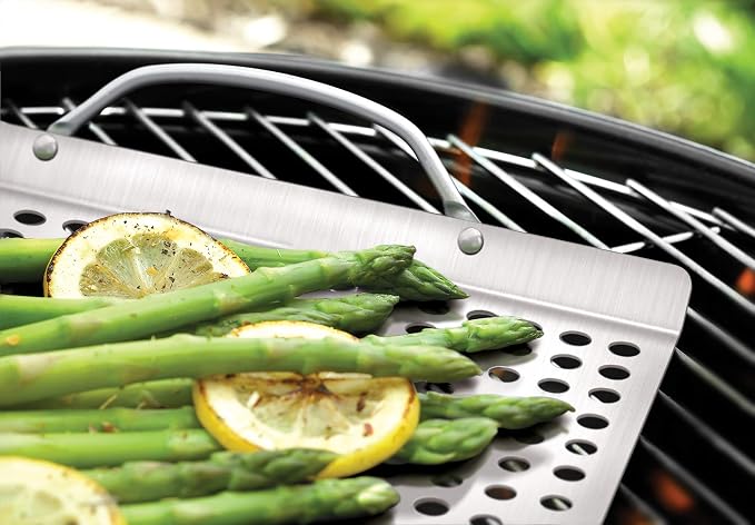 Outset 76632 Stainless Steel Grill Topper Grid, 11"x17" BBQ Tray | Stainless Steel Grill Topper | BBQ Veggie Grill Tray | Easy to Carry | Seafood Grill Tray With Holes | Infuses Flavor