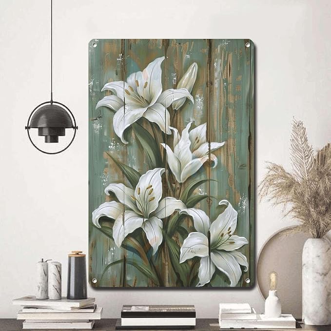 Metal Sign Tin Sign Vintage Wall Art Shabby Chic Lily Tin Sign for Vintage Botanical Decor Rustic Elegance and Distressed Wood Panels Tin Signs for Women for Room 6×8 Inches