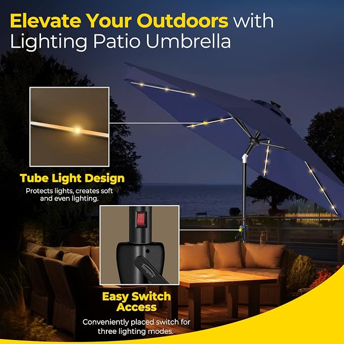 Tempera Solar Patio Umbrella 40 LED Lighted Outdoor Umbrella Table Market Umbrella with Push Button Tilt and Crank, Solar Umbrella with Sturdy Pole&Fade Resistant Canopy, Easy to Set