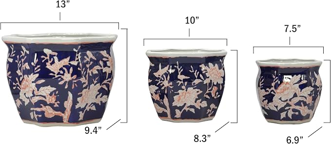 Galt International Blue & Pink Round Fluted Floral Porcelain Ceramic Plant Flower Planter Pot Set of 3 (7.5", 10", 13") Garden Pots Chinese Asian Design