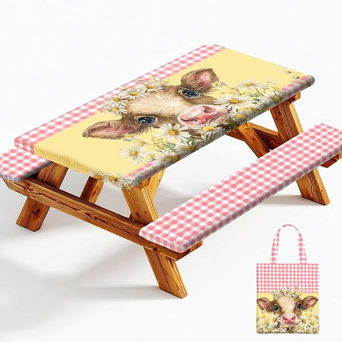 Picnic Table Cover with Bench Covers Elastic Edges, Outdoor Patio Camping Essentials 72 Inch 3PCS, Waterproof Camping Fitted Tablecloth with Handbags (Pink check daisy cow)
