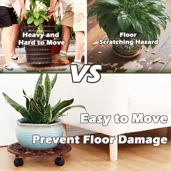 3 Packs 14 Inch Rolling Plant Stand with Wheels Metal Plant Caddy with Wheels Heavy Duty Round Plant Stand Indoor Iron Plants Rollers for Plants, Plant Dolly Brown