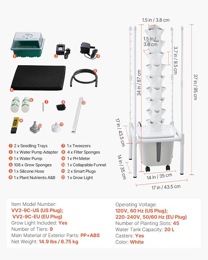 VEVOR Hydroponic Tower, 45 Pods 9 Tiers Hydroponics Growing System Kit with LED Grow Light, App Control & Casters, Vertical Home Garden with 20L Water Tank & Pump for Indoor Herbs, Fruits, Vegetables