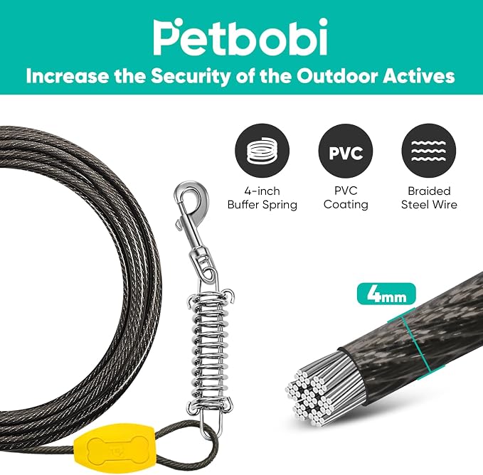 Petbobi Dog Tie-Out Cable and Stake - 20ft Heavy Duty Cable with Spring, No Tangle, 16in Ground Stake, Ideal for Outdoor Yard, Camping, Suitable for Small Medium Large Dogs Up to 120 lbs, Black
