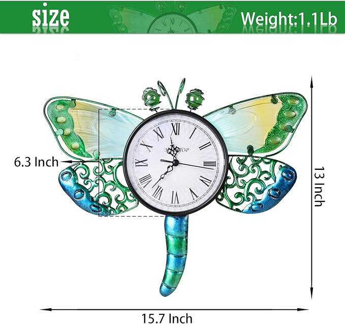 MUMTOP Indoor Outdoor Wall Clock Dragonfly Waterproof Wall-Mounted Clock for Patio Home Living Room Bedroom