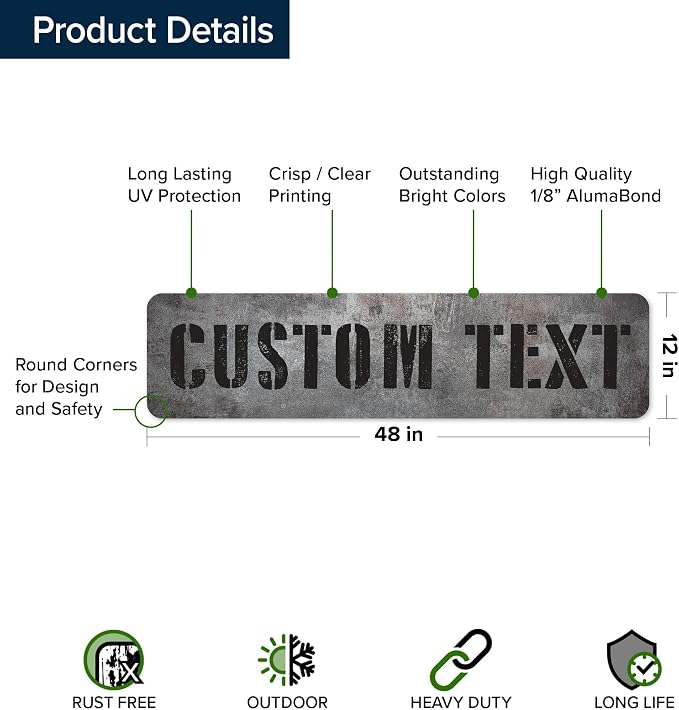 Custom Sign, Custom Street Sign, 11 Font Colors, 13 Font Styles, 4 Hole Options, 22 Sizes, 12x48 Inches, Rust Free DiBound, Fade Resistant, Made in USA by My Sign Center (Grunge Metal)