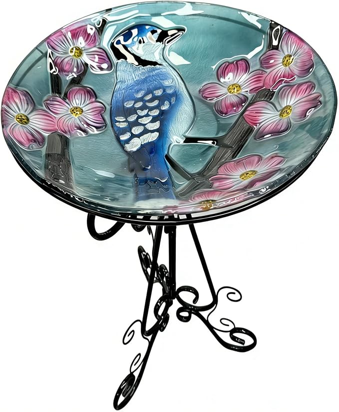 Large Bird Bath for Outside, 18" H Glass Bath Bowl with Metal Stand 28" H Standing Outdoor Birdbaths for Garden Yard Lawn Decor, Blue Jay