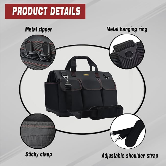 FASTECH 15-inch Heavy Duty Bottom Tool Bag With Wide Mouth For Tool Storage, Carrier and Organizer, Tools Bag For Men, Wide Mouth Tote Bag With Inside Pockets (15 Inch)