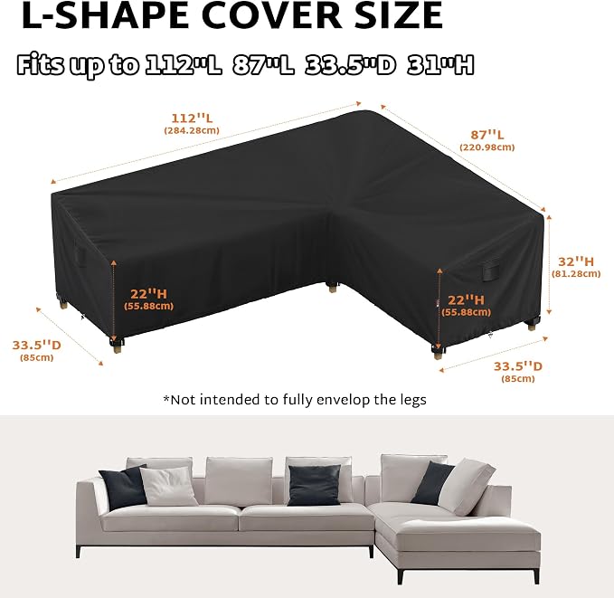 iBirdie Outdoor Patio Furniture Cover fit 112" x 87", 110" x 85", 108" x 84" L-Shaped Sectional Sofa, Waterproof Weatherproof Heavy Duty 600D Garden Cover for Outside L Shape Couch