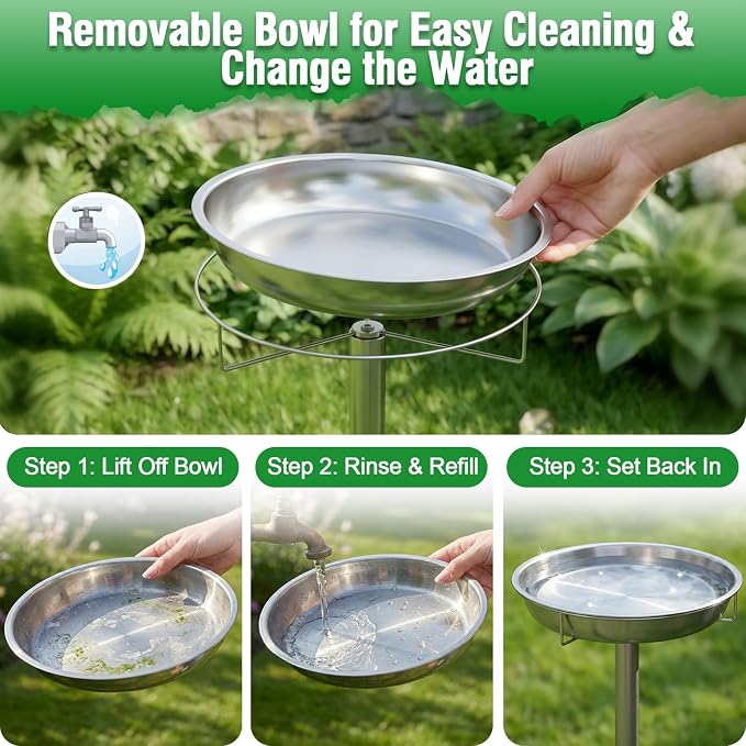 tinnmao 304 Stainless Steel Bird Bath for Outside, 40 Inch Tall Freestanding Metal Birdbath & Feeder with Removable Bowl for Garden Yard Patio Lawn