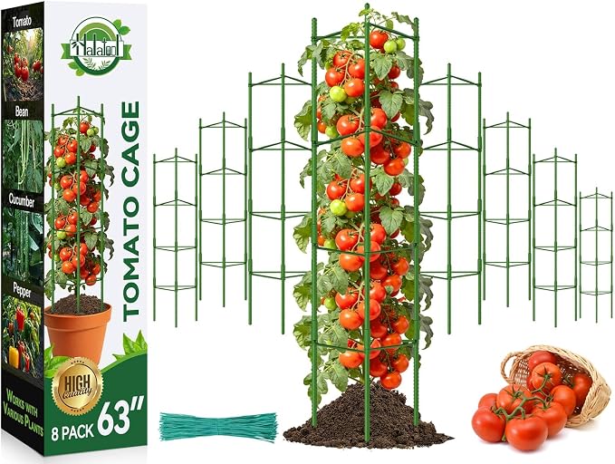 Halatool 63 Inch Tall Tomato Cage 8 Pack, Adjustable Tomato Cages for Garden, Garden Stakes Tomatoe Trellis for Pots, Tomatoes Plant Support for Raised Garden Bed & Vegetables Flowers