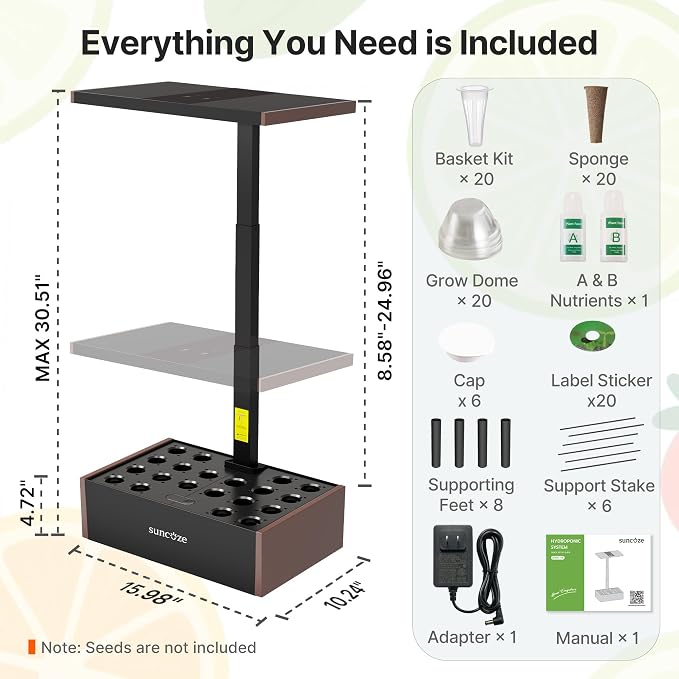 SUNCOZE Hydroponics Growing System 20 Pods, 25" Adjustable Height, 10L Tank | Indoor Garden with 30W Dimmable LED Grow Light, Water & Nutrient Reminder, Quiet Circulation Pump, Black&Brown
