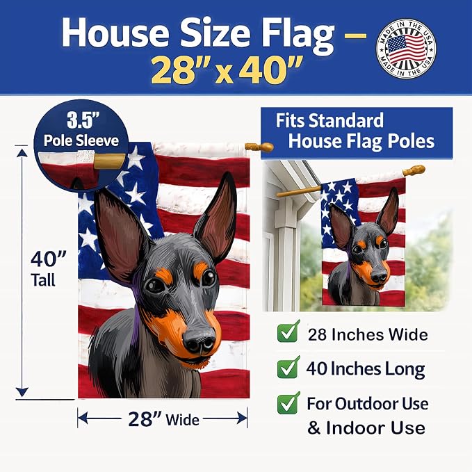 Caroline's Treasures CK6515CHF English Toy Terrier American Flag House Flag Large Porch Sleeve Pole Decorative Outside Yard Banner Artwork Wall Hanging, Polyester, House Size, Multicolor