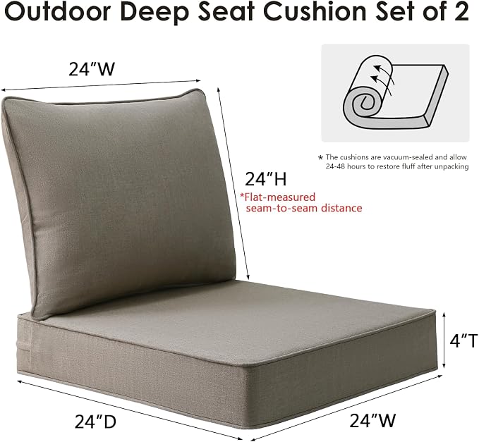 Unimatta Sunbrella Outdoor Patio Chair Cushions Set, 24" x 24"(24x24 Back), Set of 2, Water-Repellent, Fade Resistant, Deep Seat Bottom and Back Cushion for Backyard, Couch, Sofa, Cast Shale