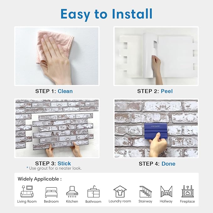 COMSTICKC 3D Gray-White Faux Brick Wall Stickers Peel and Stick Wall Covering, 12 pcs 22.8" x 11.8", Ultra-Light PVC Decorative Tiles Wall Panels, Designed for DIY Wall Upgrades Indoor, 22.48 sq.ft