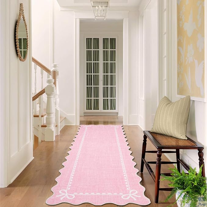 GarveeHome Scalloped Hallway Runner Rug 2.5x8 Non Slip Bedroom Rugs, Pink | Washable Bow Rug for Girls Dorm Nursery Living Room Entyrway Kitchen, Soft Low Pile Ultra-Thin Stain Resistant Indoor Carpet