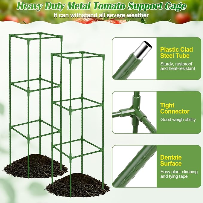 ROADPLUM 2 Pack Square Tomato Cages with 2 Plant Covers, 48" Heavy Duty Adjustable Tomato Cage for Garden, Plastic Coated Steel Pipe Stakes Trellis Plant Cages for Vegetable, Fruit, Climbing Plants