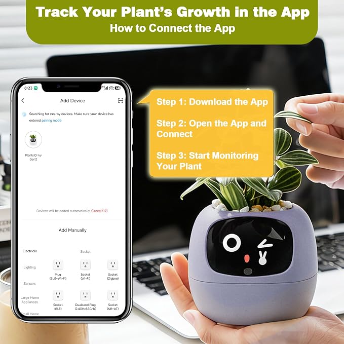 Smart Plant Pot with Visual Display – Soil Moisture, Water Level, Light & Battery Monitor, 80ml Self-Watering Reservoir, Supports 100+ Plants, Pomodoro Timer, Clock & Calendar-Purple