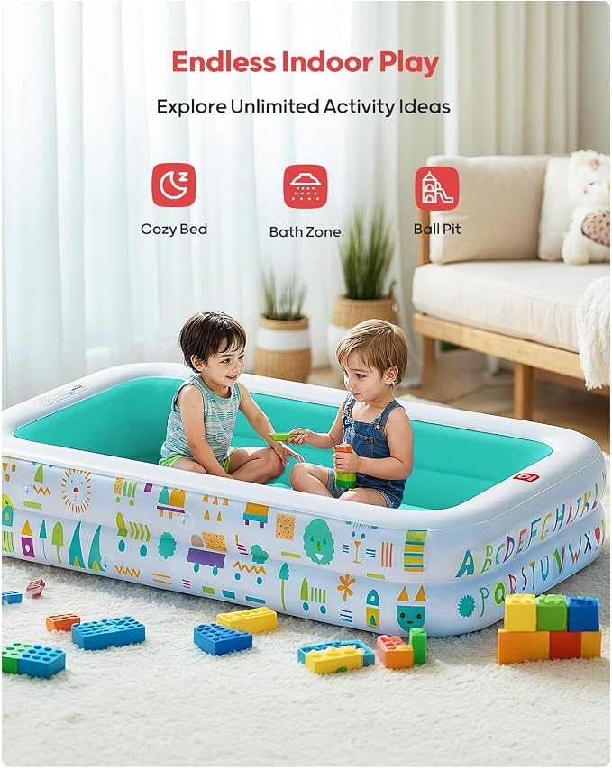 QPAU Baby Pool with Canopy, Inflatable Design, 65 x 39 in, Green | Inflatable Design with Soft Cushioned Floor, Converts to a Ball Pit for Kids and Toddlers, for Indoor and Backyard Play