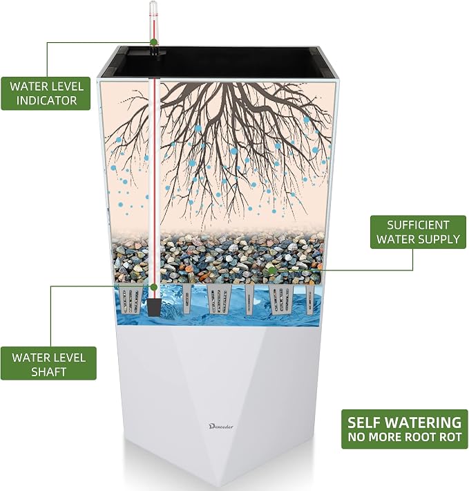 Dexceder 20 Inches Self Watering Tall Planter (White) | Diamond High Gloss, Thickened Rhombus Large Floor Standing Flower Plant Pot with Water Level Indicator Indoor Outdoor